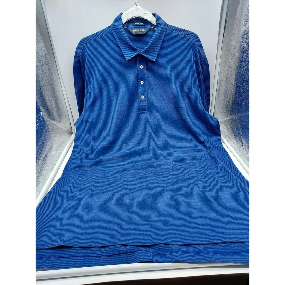 Polo Golf Ralph Lauren Vintage Lisle‎ Blue Black Striped 4 Button Shirt Size XL